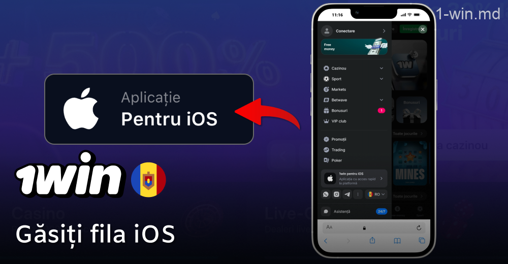 În partea de jos a site-ului web 1win, faceți clic pe iconița iOS