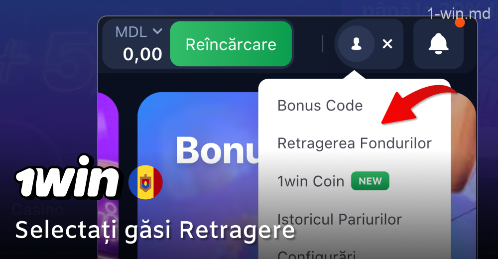 Selectați elementul de meniu 1win „Retragere de fonduri”