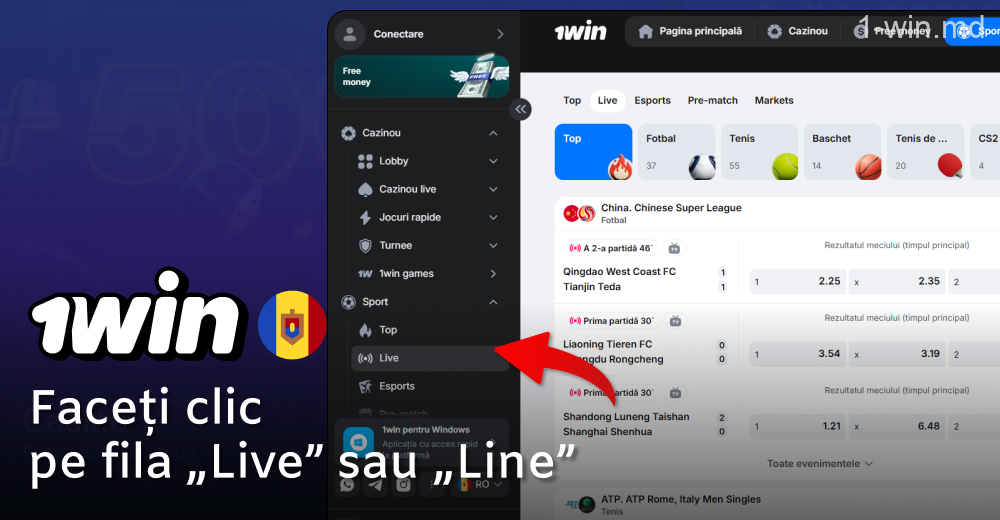 Faceți clic pe fila „Line” de pe site-ul 1win